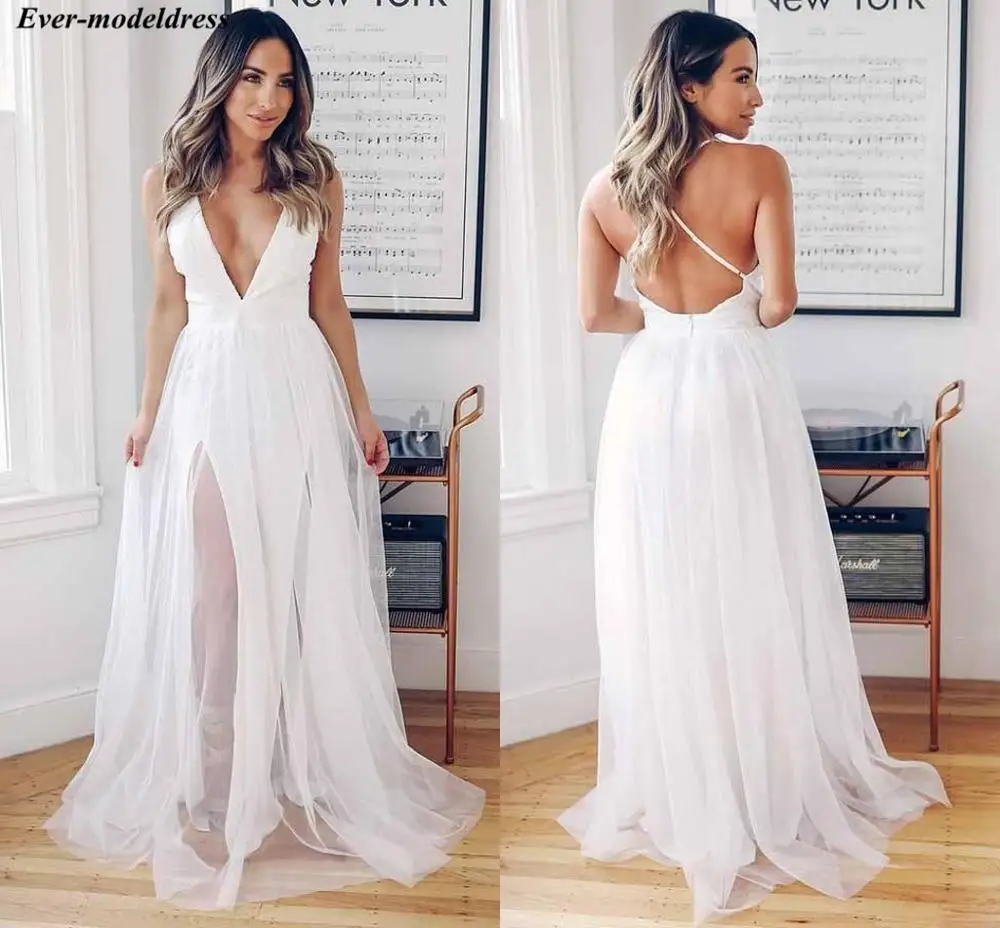 

Sexy Beach Wedding Dresses 2019 A-Line Deep V-Neck Backless Sweep Train High Split Simple Cheap Bride Dresses Robe De Mariee