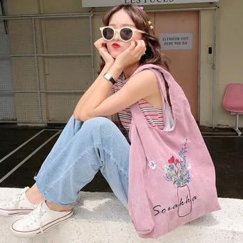 

Japanese new summer fresh shopping portable bag Corduroy embroidered morison style art bags flower simple hand bags