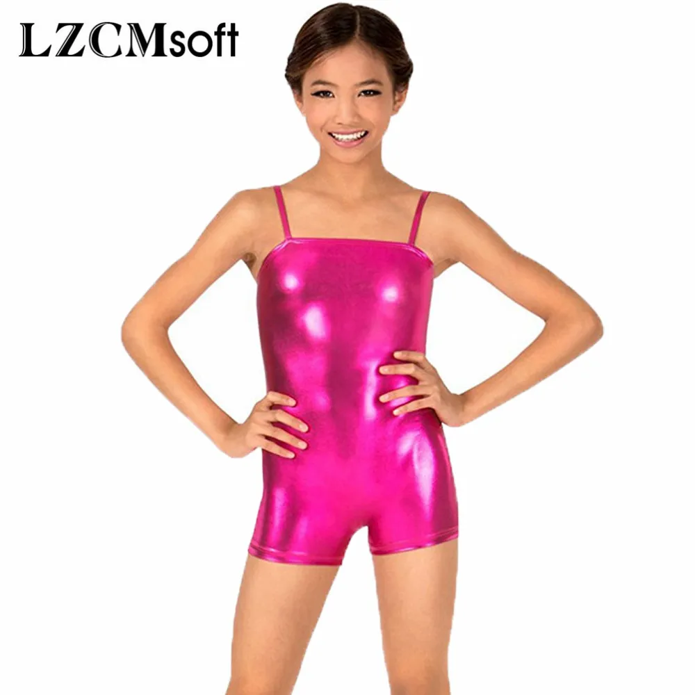 

LZCMsoft Girls Camisole Shorty Unitard Shiny Metallic Biketards Kids Team Ballet Dance Costumes Gold Bodysuits