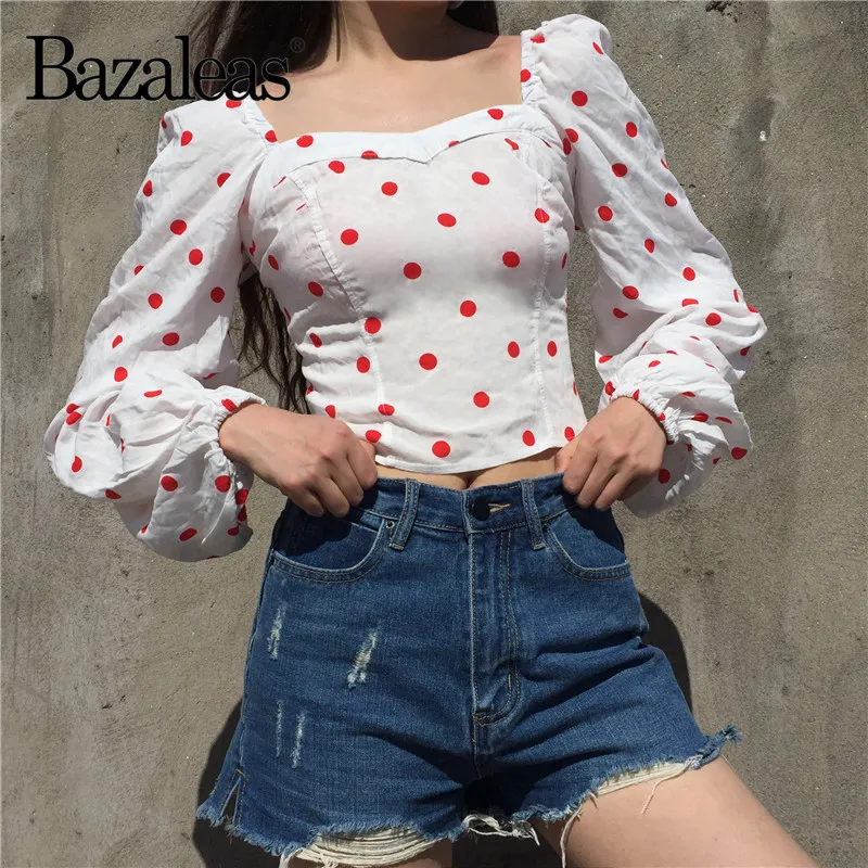 Bazaleas 2018 Spring Women Red Polka Dot Blouse Fashion Full Sleeve square Neck strength Tops blouses |