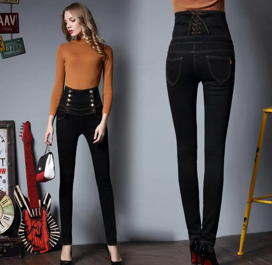 Мода 2018 г. плюс размеры 6XL Женская высокая талия кружево до джинсовые пуговицы стрейч узкие джинсовые штаны мотобрюки карандаш для женщин