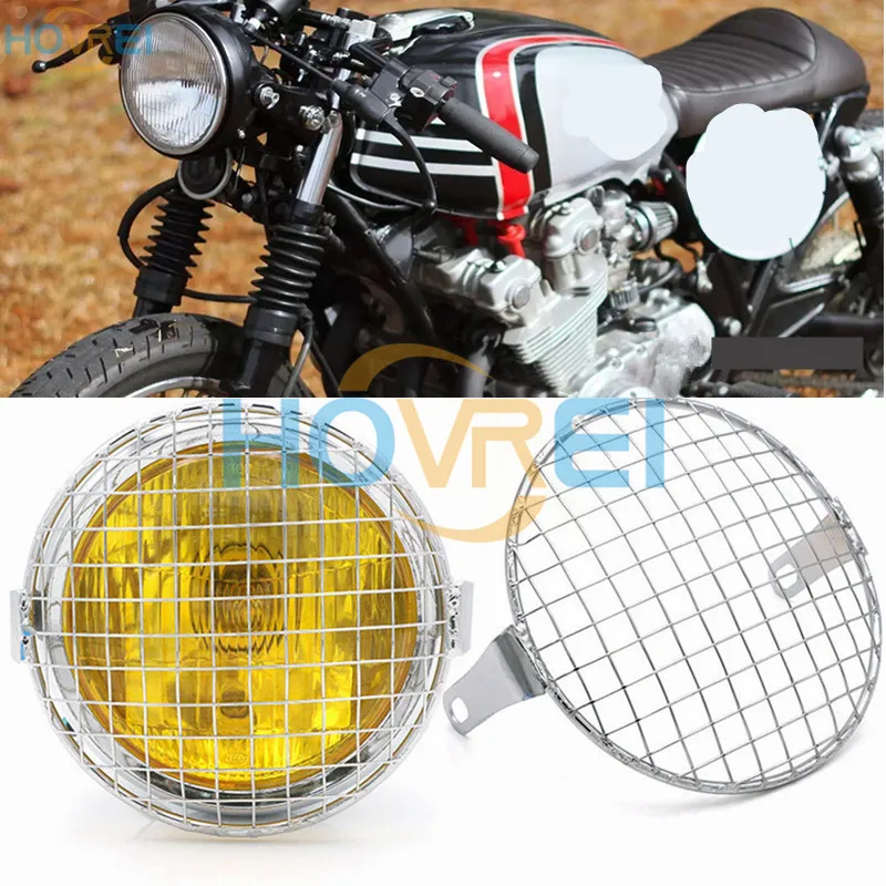 

6.3" 35W universal vingate Motorcycle chrome front Grill mask cover Headlight headlamps for Suzuki Honda Cafe Racer Light