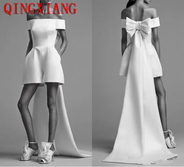 

Designer Newest Jumpsuits Prom Dresses High Low Satin Bateau Bow 2019 Formal Party Evening Dresses Gowns Robe De Soiree