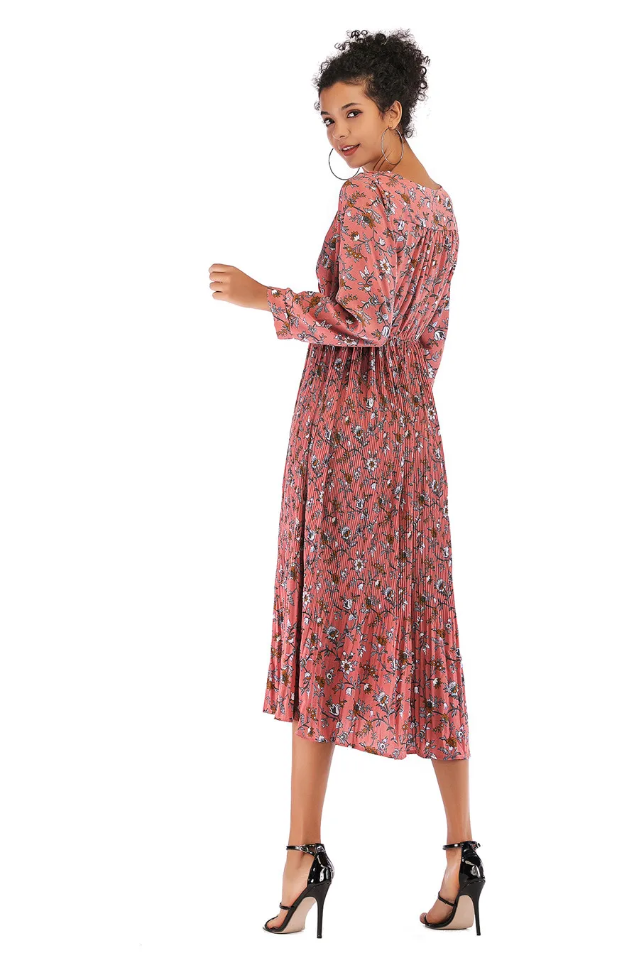Gladiolus Hot 2018 Autumn Dress Women Long Sleeve V-Neck Sexy Floral Print Tunic Loose Midi Chiffon Dress Women Beach Sundress (31)