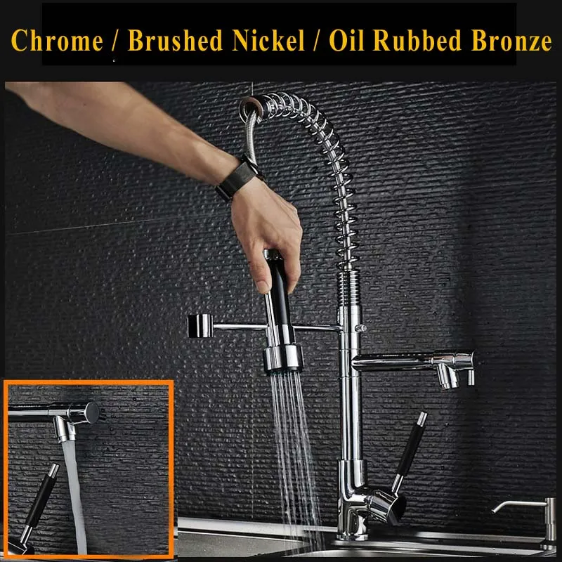 

Chrome Nickel Bronze Kitchen Faucet Pull Down Out Sink Mixer Tap Swivel Spout Dual Sprayers Single Handle Hole