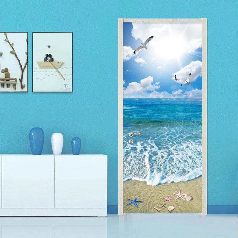 3D наклейка на дверь, пляжный морской пейзаж, обои для гостиной, ванной комнаты, водонепроницаемые, домашний декор, наклейки на дверь, ПВХ наклейка, Papel De Parede
