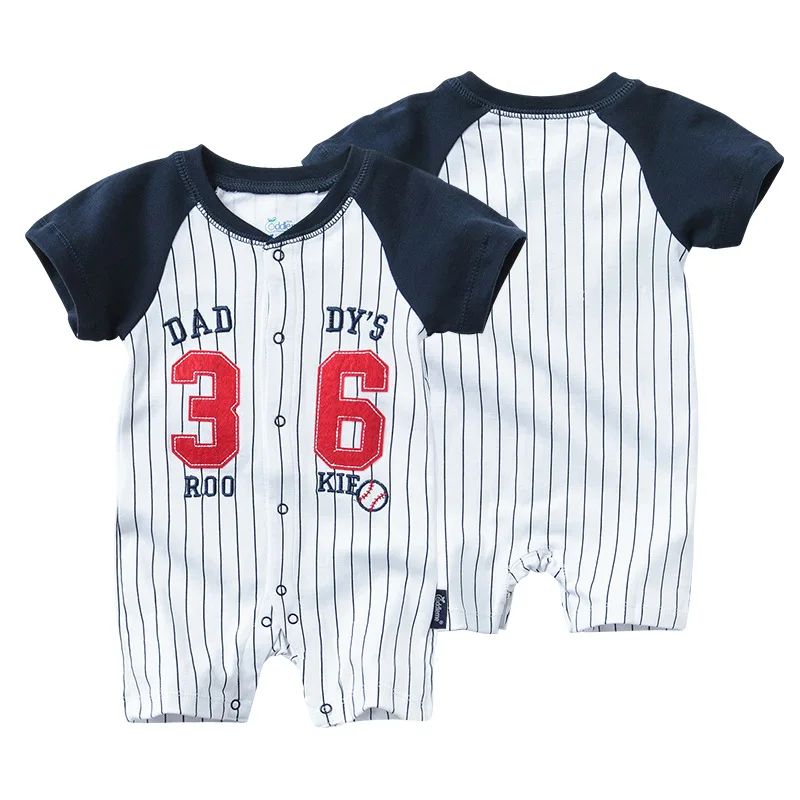 

New Top Baby Boy Clothes Newborn Letter Cotton Romper Summer Short Stripe Single Breasted O-Neck Jumpsuit Cute Kids Clothing