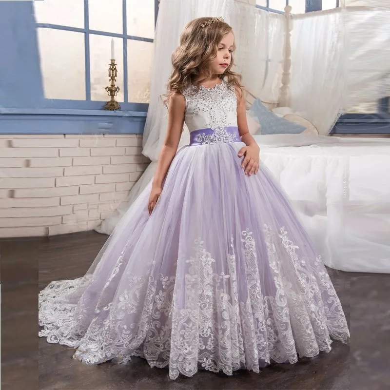 Фиолетовое бальное платье, фатиновые Платья с цветочным узором для девочек, бальное платье с бантом, платье для первого причастия для девочек, праздничное платье для девочки, платья