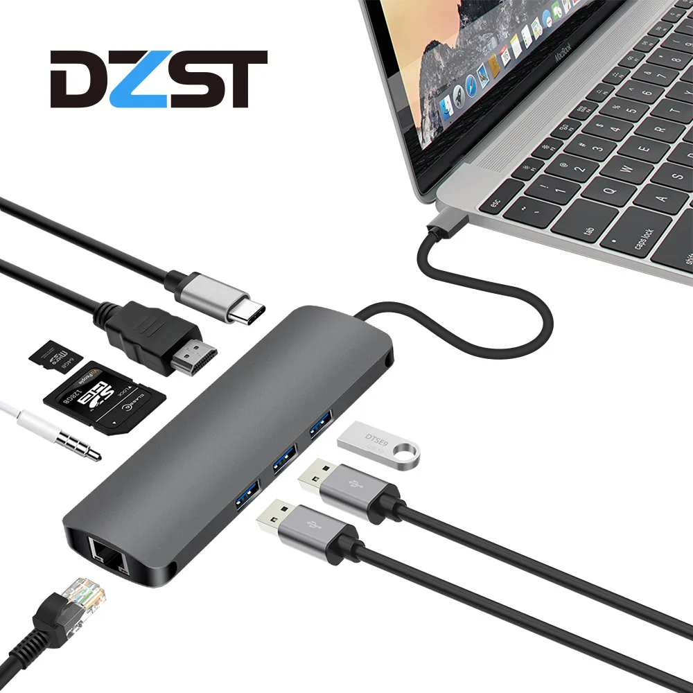 

DZLST USB Hub Splitter 9 in 1 to HDMI RJ45 Gigabit Ethernet Type C PD Charging 4K Video HD Audio For Macbook DELL Galaxy S9+/S8
