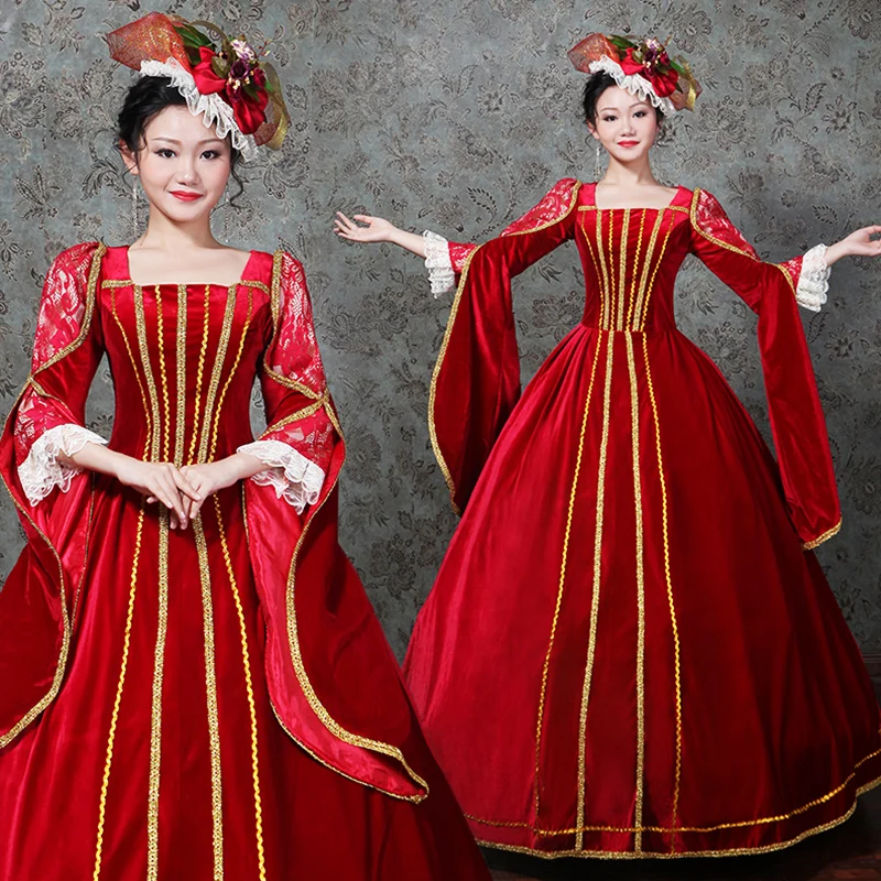

Women European Court Princess Dresses Female Thin Red Lace Square Collar Halloween Costumes Renaissance Medieval Dress For Party