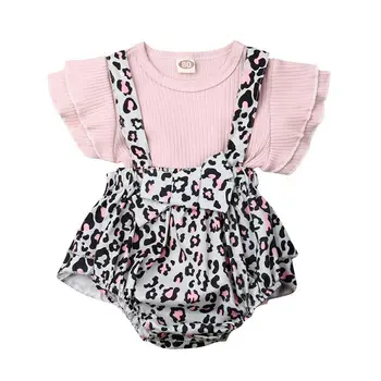 

Baby Girl Suspender Outfits Infant Toddler Pink Knitted Fly Sleeve T Shirt Leopard Bib Romper Shorts 2 Piece Clothes Set