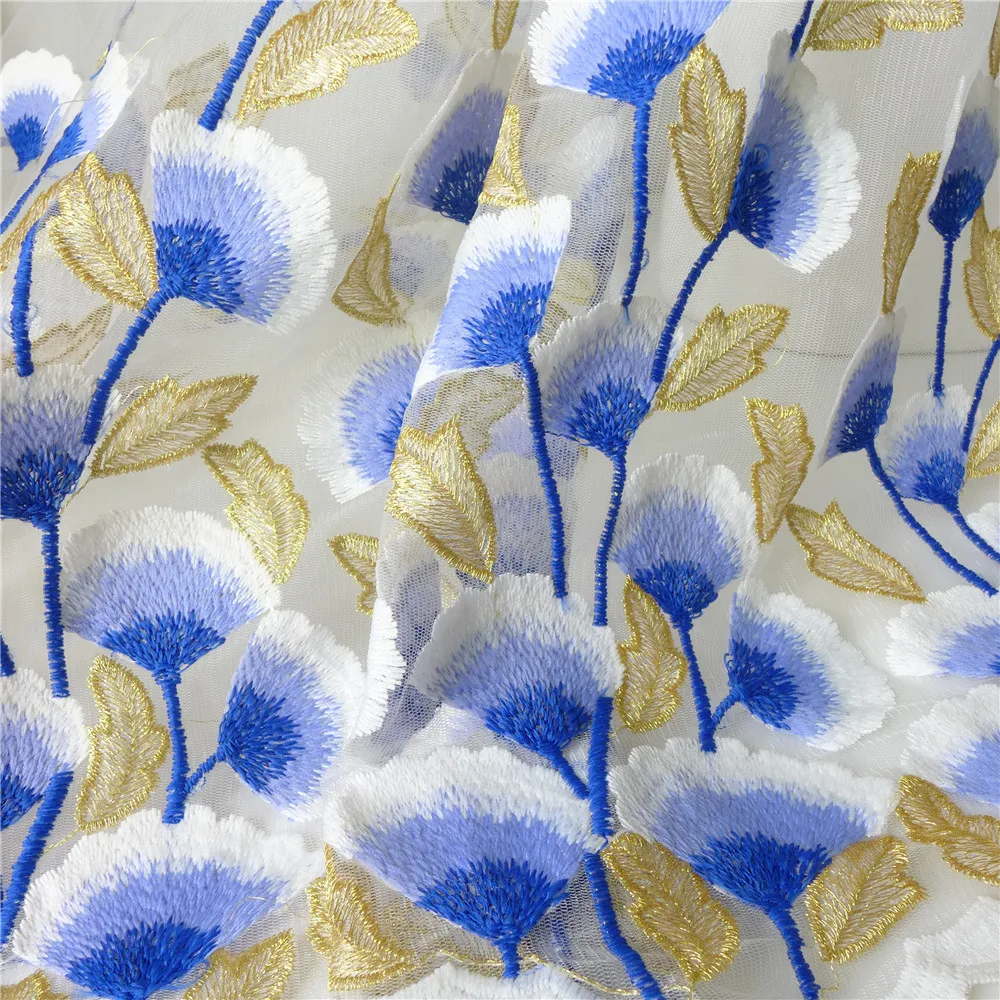 Embroidery Ginkgo Leaves Mesh Lace Fabric Gold Thread African Gauze