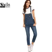 SheIn Women Rompers and Jumpsuits for Autumn Ladies Casual Sleeveless Dark Blue Straps Scratch Denim Overall Jumpsuit