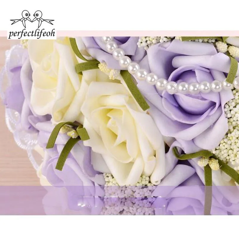 Perfectlifeoh красивый фиолетовый свадебный букет все Свадебные Цветочные букеты искусственные жемчужины, с цветочным принтом «розы» Ramos de Novia