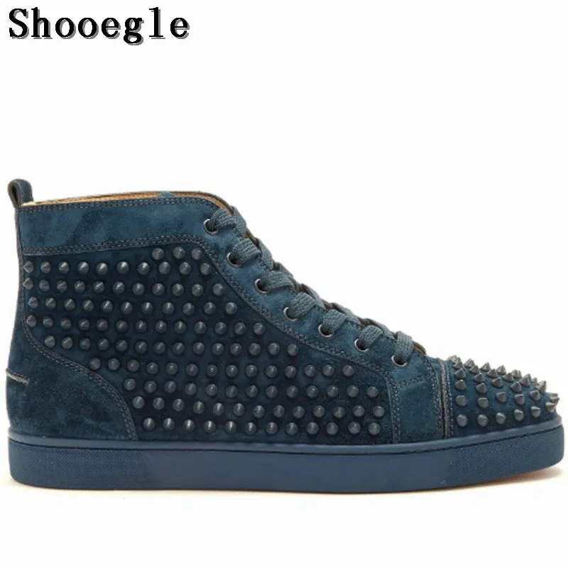 SHOOEGLE/модные мужские замшевые стильные кроссовки с шипами; chaussure homme; мужская обувь с высоким берцем; ботильоны на платформе с заклепками; цвет красный, синий