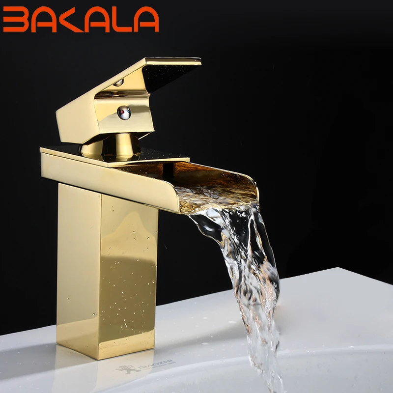 

Free shipping Luxury Europe style gold Copper Bathroom Waterfall basin faucet single handle cold and hot water mixer taps