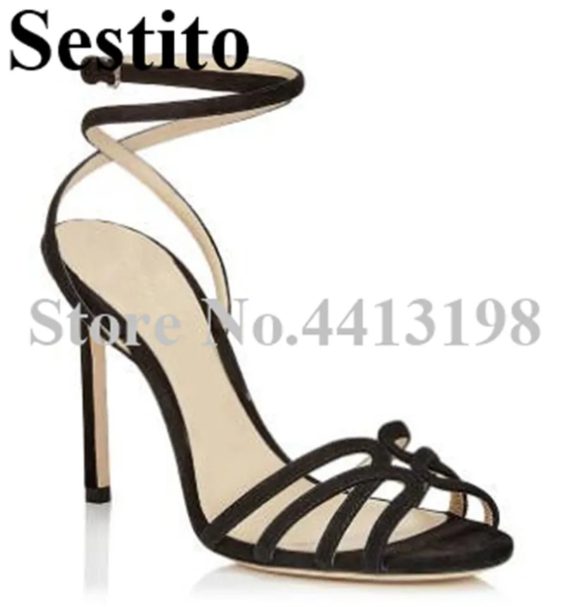 

2019 Newest Fashion Solid Peep Toe Narrow Band Sandals Summer Super High Thin Heels Cross-Tied Ankle Buckle Strap Women Shoes