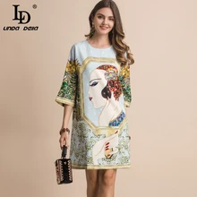LD LINDA DELLA Fashion Runway primavera estate abito mezza manica da donna splendido carattere in cristallo stampato abiti eleganti allentati