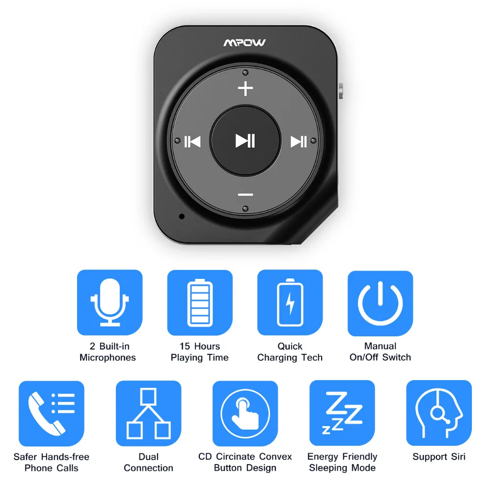 Mpow Bluetooth Receiver Aux Adapter Charging Car Kits Handsfree 15 hours Talking