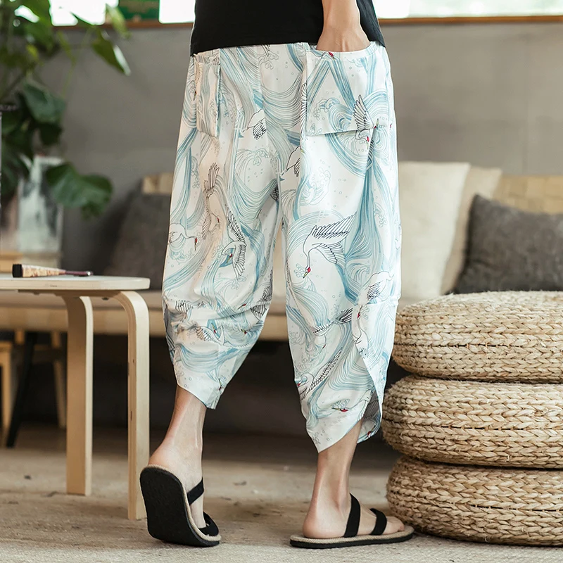 Silk beach trousers enlarging the code loose radish pants Stylish Chinese style cotton and hemp casual loose broad leg seven pan