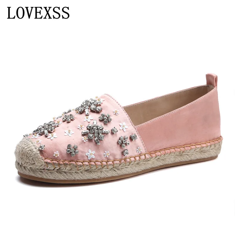 

LOVEXSS Crystal Espadrille Shoes Oxford Rhinestone Genuine Leather Woman Flats Silver Black Large Size 33 - 43 Shoes China