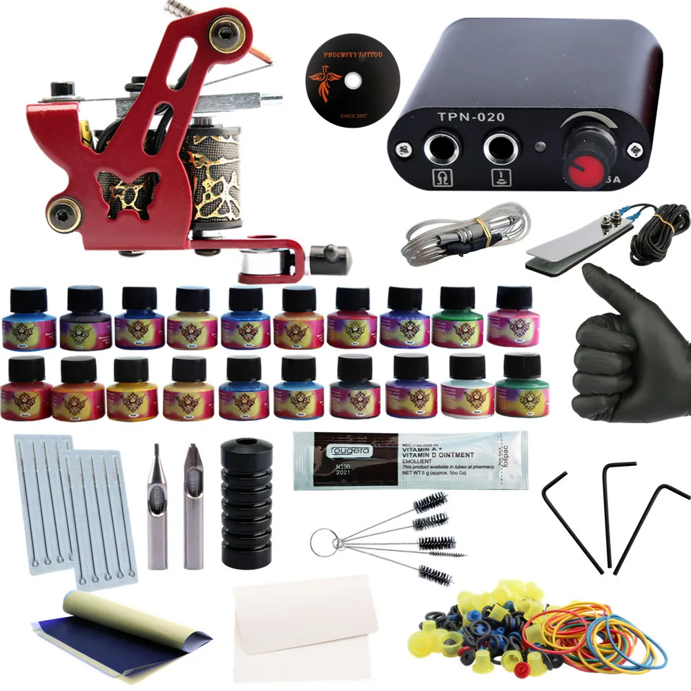 20 Colors Complete Tattoo Machine Kit Set Black Pigment Sets Power Tatoo Beginner Grips Kits