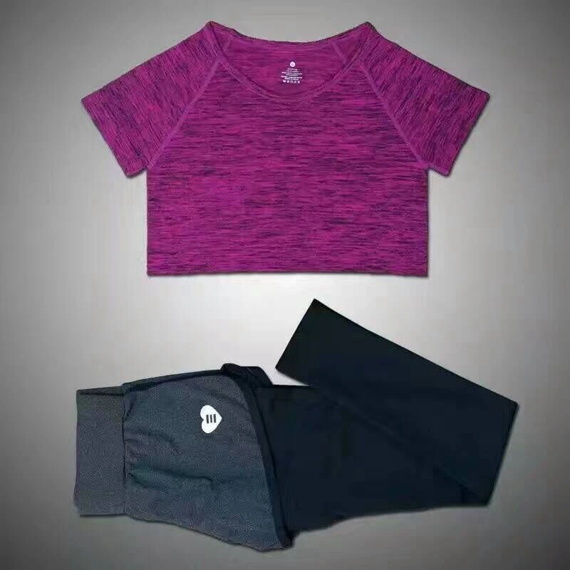 Женские Беговые Спортивные костюмы для йоги, фитнеса, поддельные леггинсы из двух частей+ футболки для бега, спортзала, йоги - Цвет: hot pink