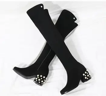 

2019 Sexy Ladies Thigh High Heel Boots Pointy Toe Over The Knee Black Flock Square Pearls Heel Shoes Woman zapatos de mujer