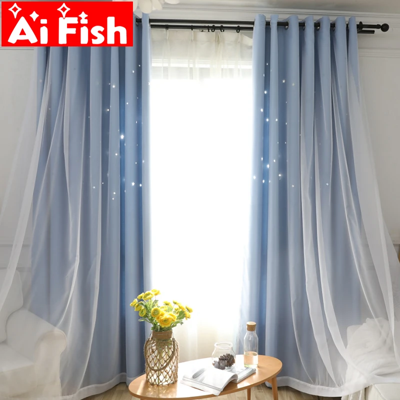 

Double-layer Shading Hollow Stars Curtain Muti-color Princess For Bedroom Curtain Finished Korean Lace Curtains Custom DF052-40