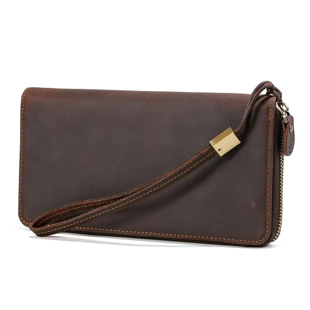 Tiding Designer Genuine Leather Mens Long Wallet Zipper Purse Small Wrist Cluth Money Purses Standard Wallet Brown 4219