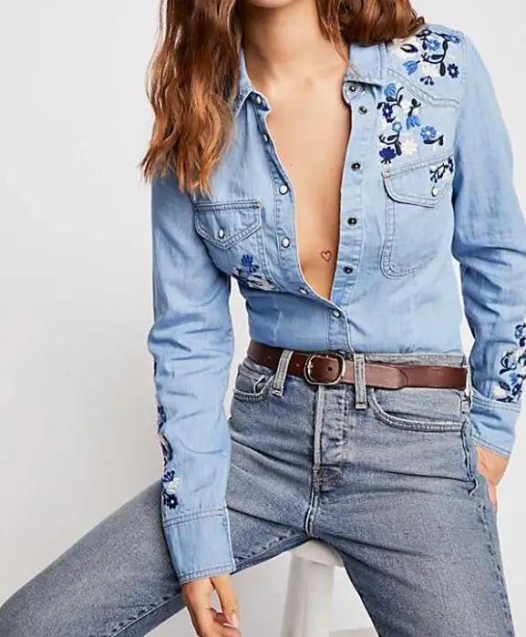 2018ss женские ковбойские Rodeo Babe Buttondown джинсовый топ цветочной вышивкой карманы