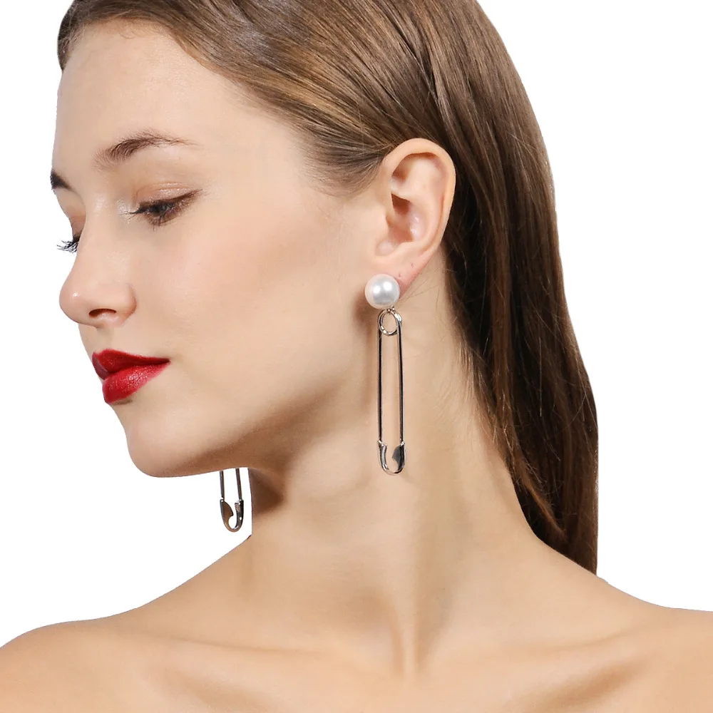 

Punk Style Fake Paper Clips Dangle Earrings Women Simulated-pearl Stud Silver Color Earring Jewelry