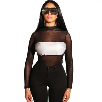 

Body Feminino Sexy Mesh Bodysuit Leotard Women Elegant Black Patchwork See Through Skinny Long Sleeve Bodycon Jumpsuit Club Wear