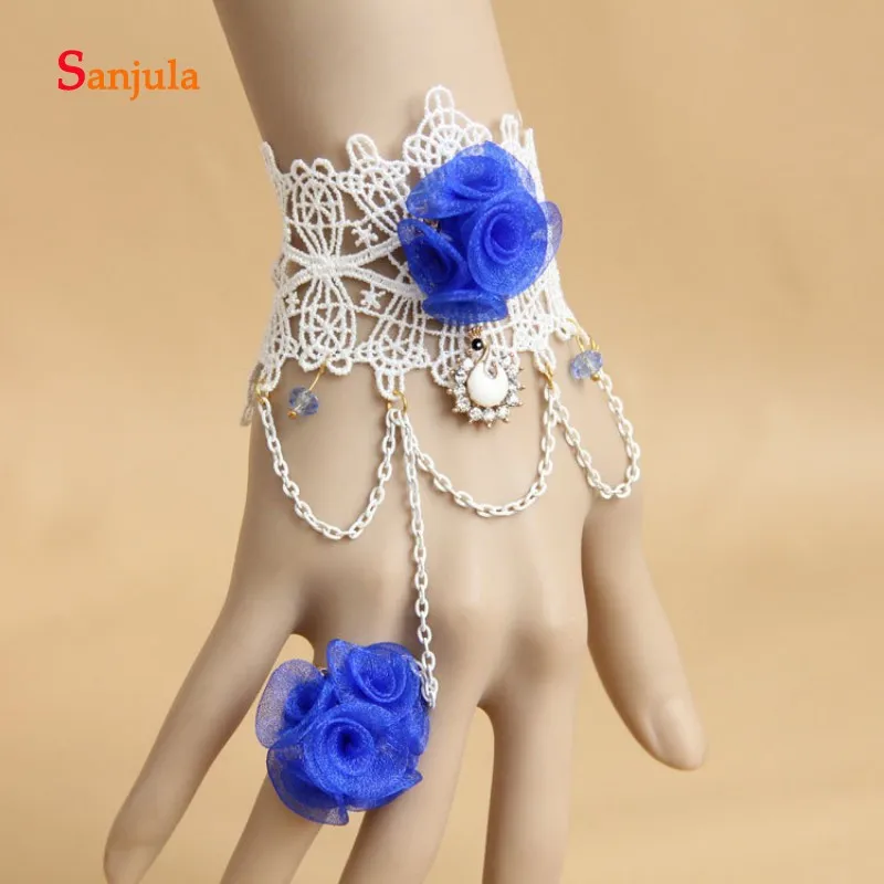 

Gloves with Artificial Blue Rose Flowers Special Wedding Accessories Lace Wedding Gloves with Ring White Chain Bracelet G59