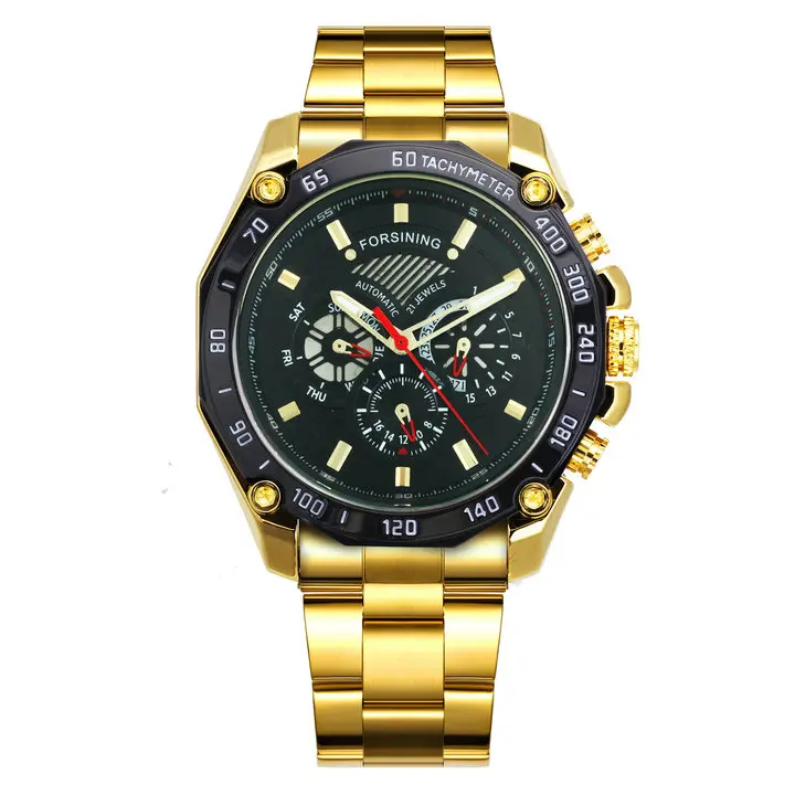 Лидирующий бренд Мужские часы Механические роскошные часы ремешок из нержавеющей стали Хронограф Дата автоматические Модные деловые наручные часы - Цвет: GOLDEN BLACK