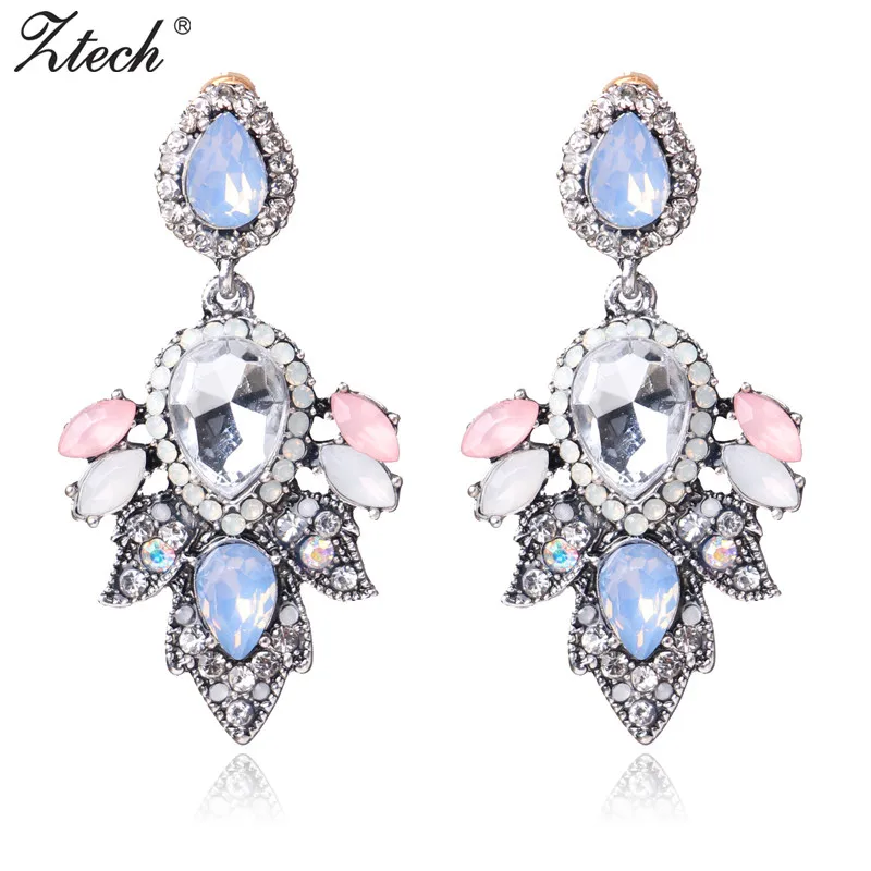 Ztech New Hot Light Blue& Pink Resin with big Crystal Flower Earrings for Women Luxury Starburst Pendant Gem Statement Earrings