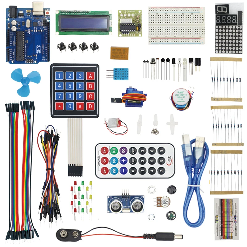 

New Starter kit for DIY - 9G Server / Motor / Sensors / 1602 LCD / Jumper Wires / Resistors for UNO R3