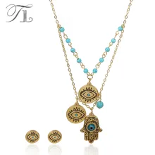 

TL Religion Style Stainless Steel Turkish Jewelry Sets Hamsa Hand Fatima Blue Evil Eye Ethnic Choke Necklace Jewelry For Women