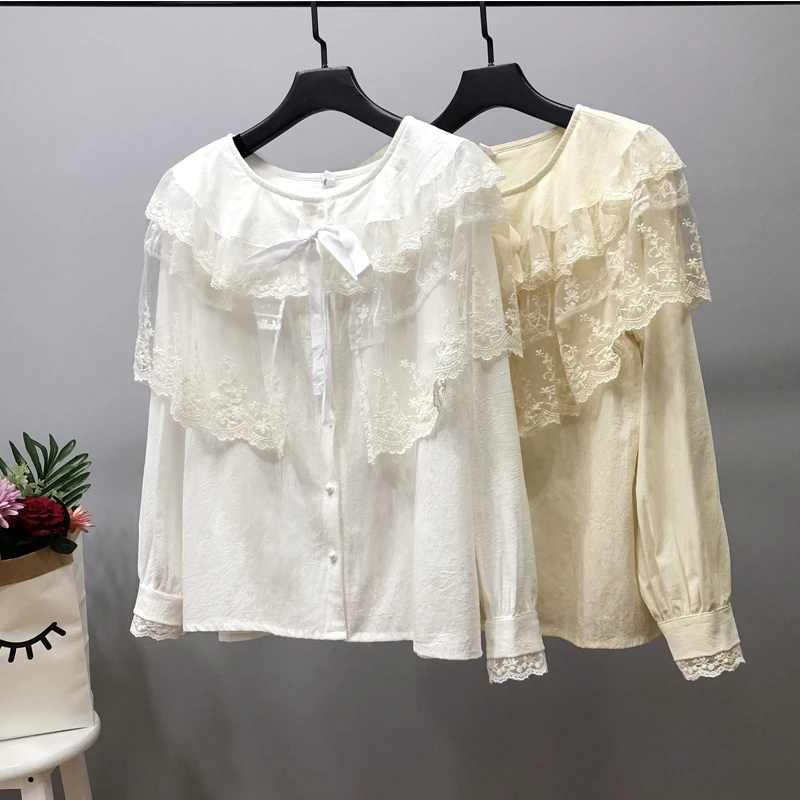 Sweet princess lolita kawaii lace mesh layer peter pan collar lace shirt mori girl blouse 2019 spring