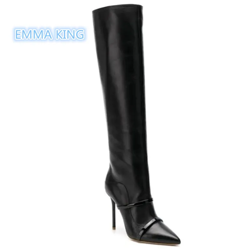 

2019 New Black Leather Women Boots Pointed Toe Belt Strap Designer Shoes Fashion Woman High Heel Knight Boots Stilettos Booties