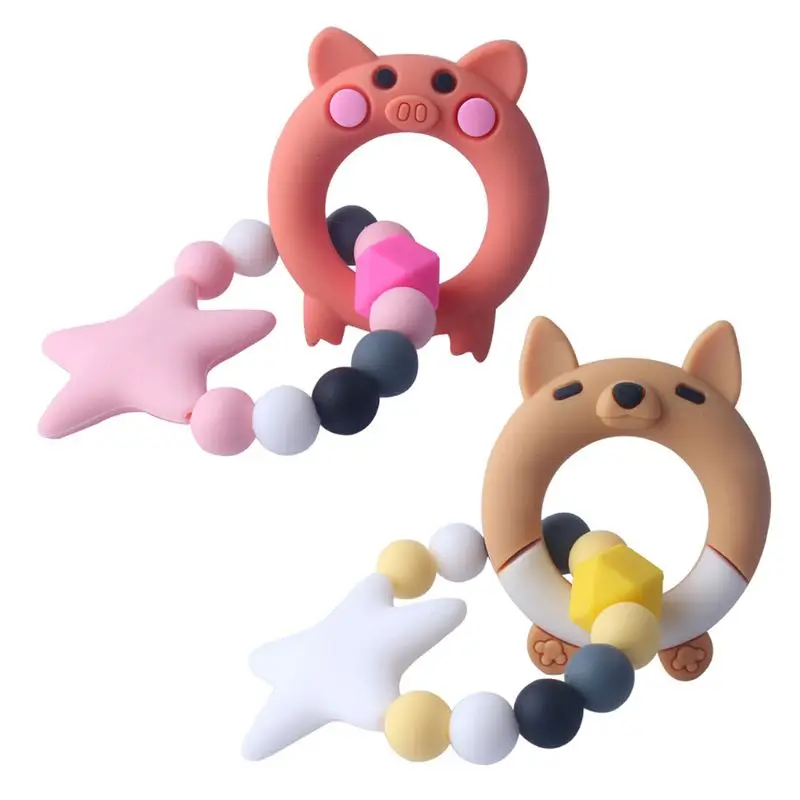 

New Child Baby Pacifier Teether Bracelet Soothing Cute Fox Piggy Teether Silicone Bracelet Silicone Beads Kids Comfort Supplies