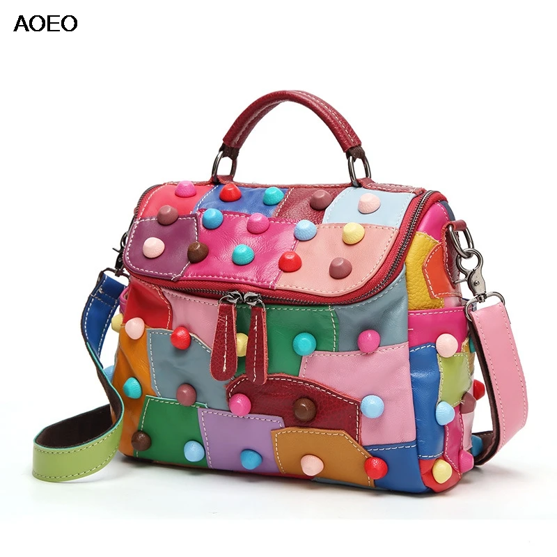 

AOEO Women Handbag Genuine Leather Sheepskin Stitching Colorful Messenger Sling Bag Candy Rivet Large Capacity Lady Shoulder Bag
