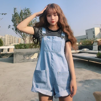 

Women Spring Loose Denim Vintage Harajuku Playsuits High Waist Jeans Long Leg Jumpsuits Pocket Armband Bermuda Ribbon Jumpsuits