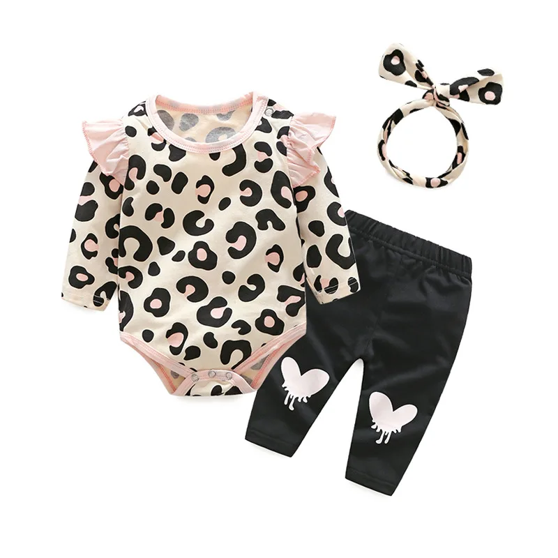 

Spring Autumn Baby Girls Clothing Set Leopard Print Rompers Headband Pants 3 Pieces Suits Set For Newborn Baby Fashion Clothes