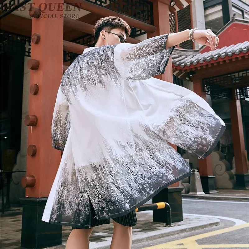 Japanese Kimono Cardigan Men Streetwear Long Shirt Male Boho Asian Clothes Beach Tops Summer Kimonos Yukata Haori FF2171