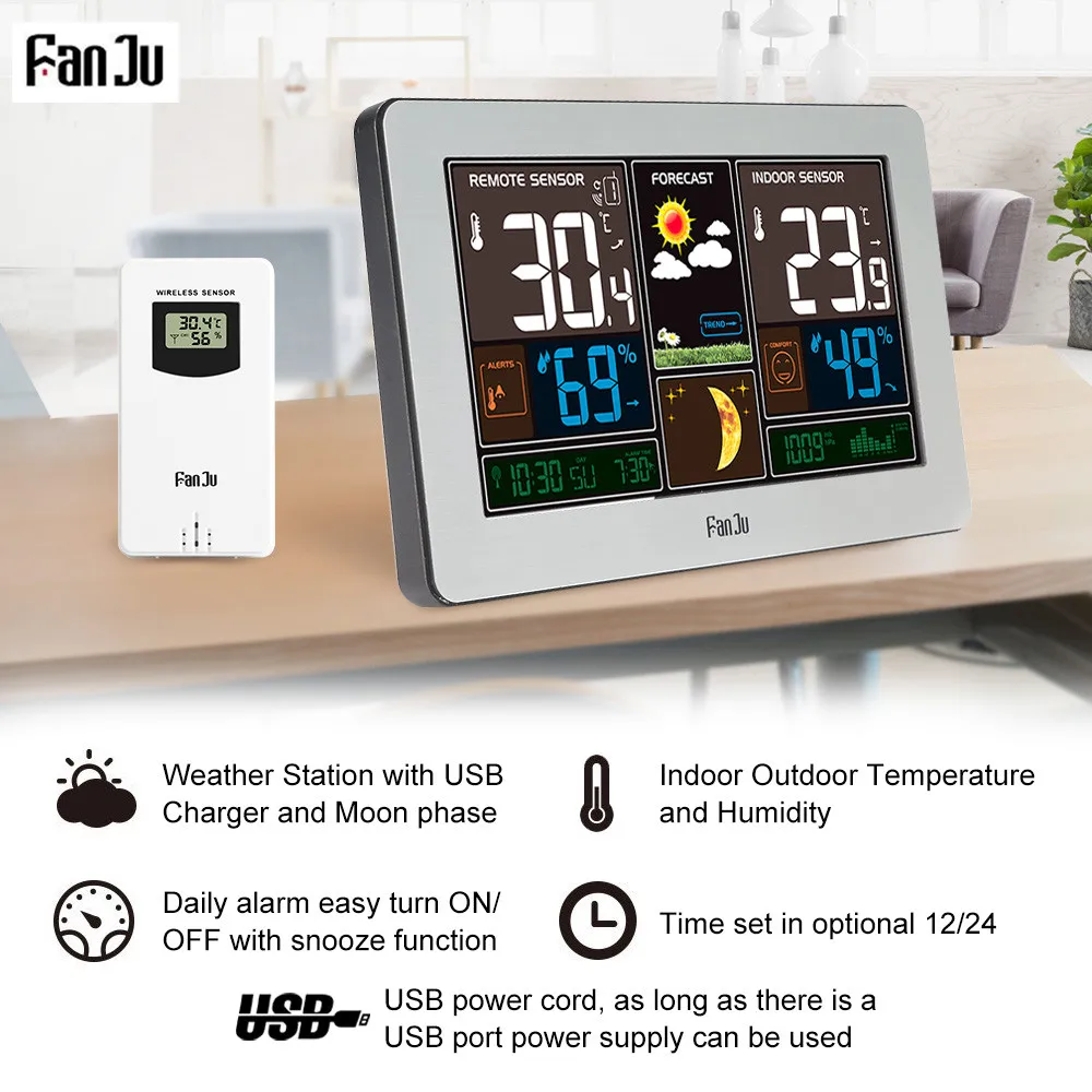 FanJu FJ3378Y Погодная станция Температура Влажность беспроводной датчик Крытый Открытый гигрометр USB зарядка настенный барометр