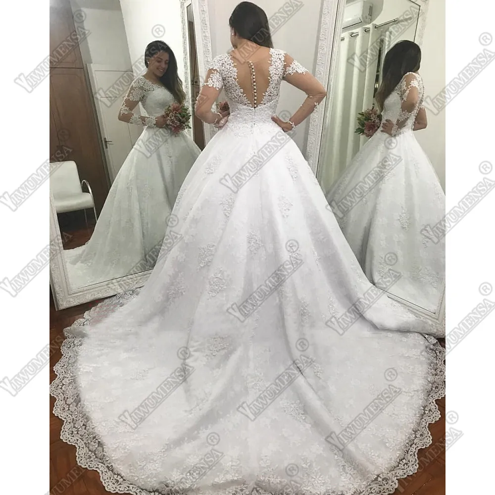 Vestido De Casamento обнаженное свадебное платье с длинными рукавами роскошное бальное платье Свадебные платья индивидуального пошива сделанные Свадебные платья с аппликацией