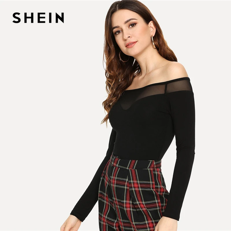 SHEIN черная элегантная Офисная Женская футболка с открытыми плечами, с сеткой, контрастная, с длинным рукавом, однотонная, сексуальная,, осенняя рабочая одежда, женская футболка, Топ