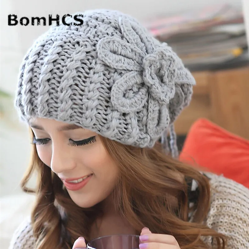 BomHCS Модные женские зимние ручной работы вязаные шапочки цветочные шапки