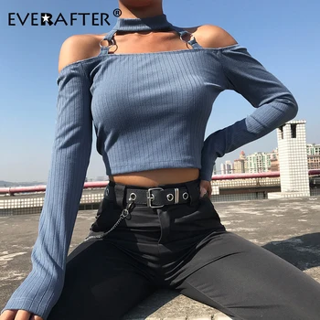 

EVERAFTER fashion off shoulder halter t shirt women tops solid slim long sleeve blue tee shirt 2019 spring crop top clothes hot